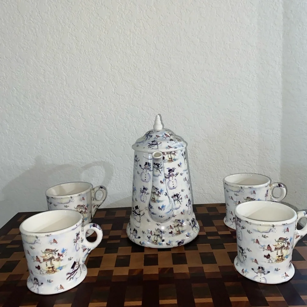 Vintage Grace Snowman Christmas Holiday Porcelain Tea\Coffee Set Kettle/4 Mugs